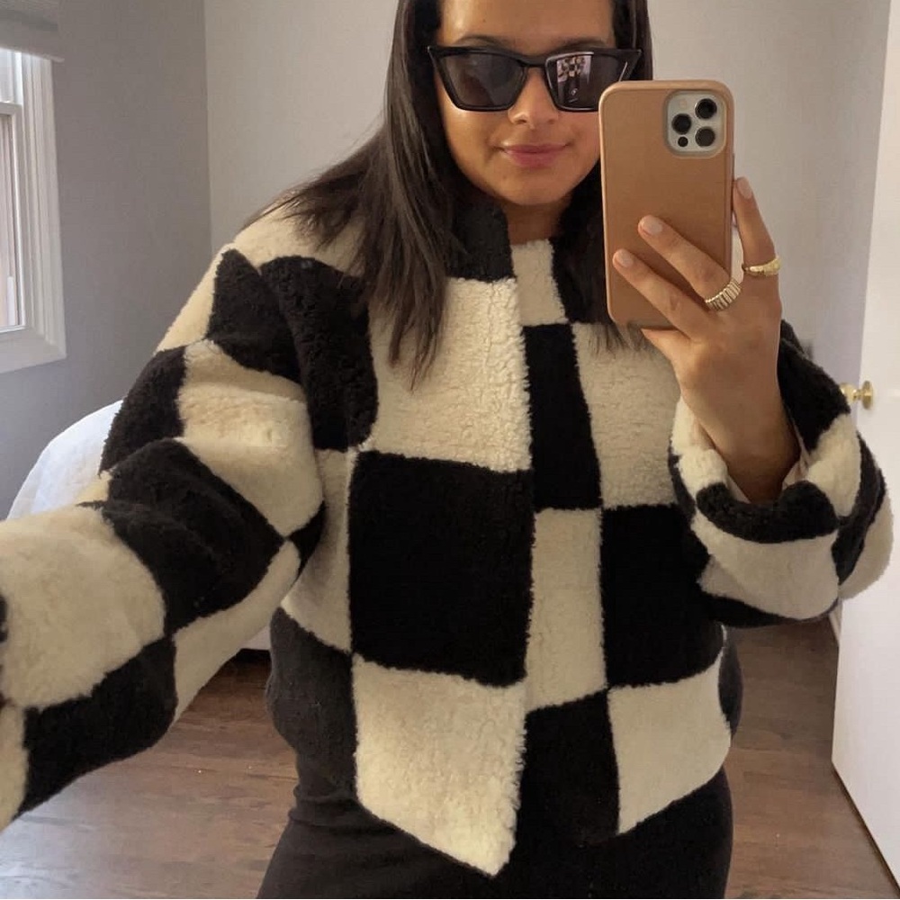 Collarless Checked Shearling Jacket, Black - image 7